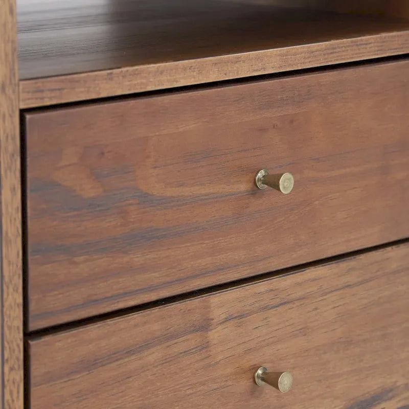 2-Drawer Nightstand with Open Shelf – Brushed Walnut / Brushed White, Solid Wood, Cone Legs, Single