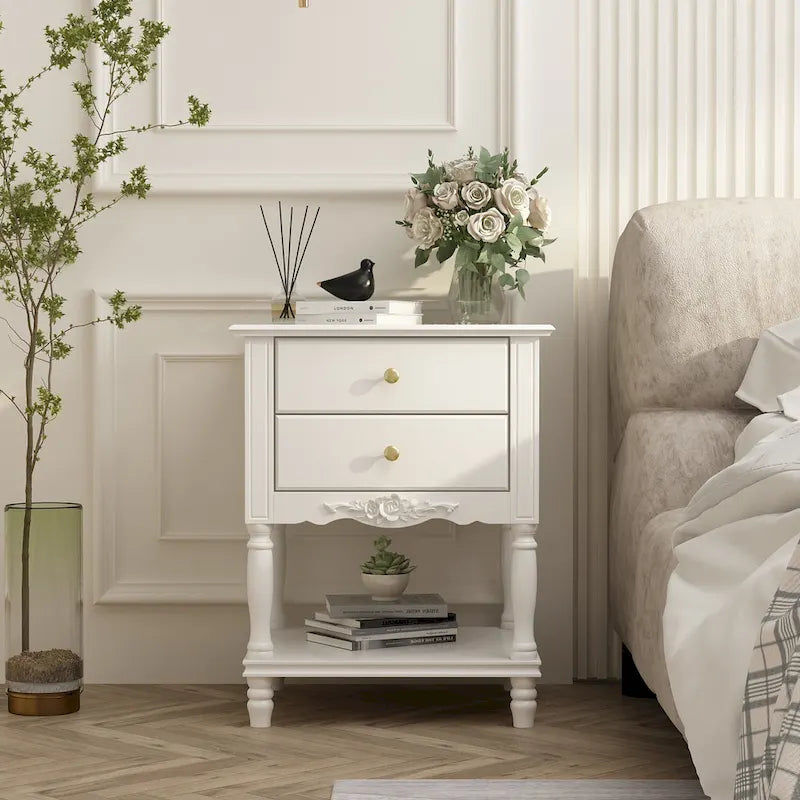 2-Drawer Nightstand with Open Shelves – White, MDF, Lacquer Finish, Single