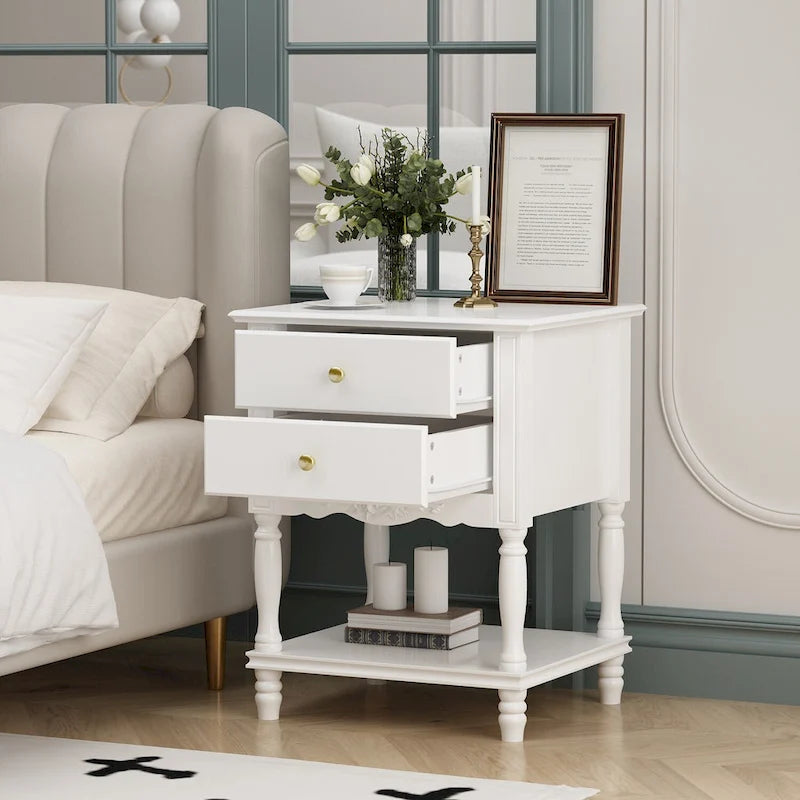 2-Drawer Nightstand with Open Shelves – White, MDF, Lacquer Finish, Single