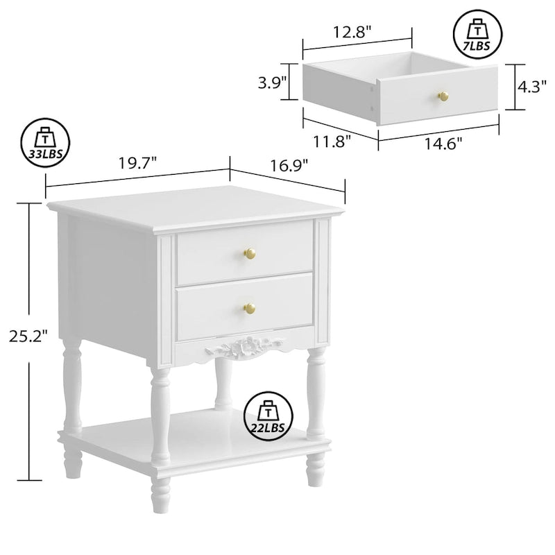 2-Drawer Nightstand with Open Shelves – White, MDF, Lacquer Finish, Single