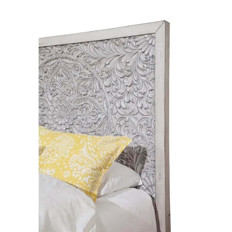 Carved Floral Panel Headboard – Weathered Light Gray, Mahogany & Okume Veneer, Queen / California King