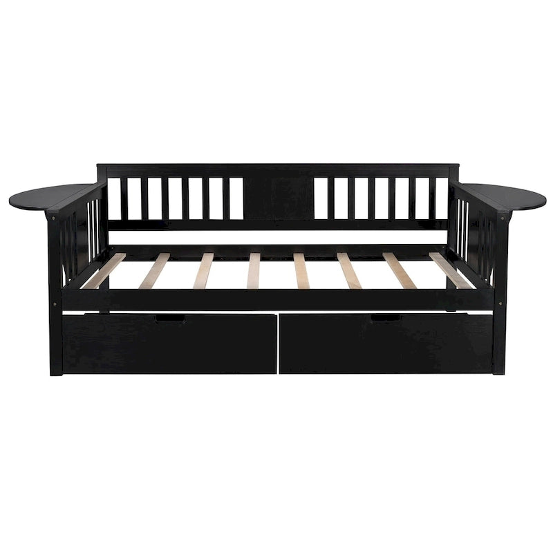 Twin Daybed with 2 Drawers & Foldable Side Tables – Espresso, Pine & MDF, 3-Side Rail, Single