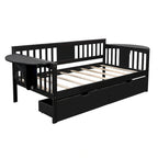 Twin Daybed with 2 Drawers & Foldable Side Tables – Espresso, Pine & MDF, 3-Side Rail, Single