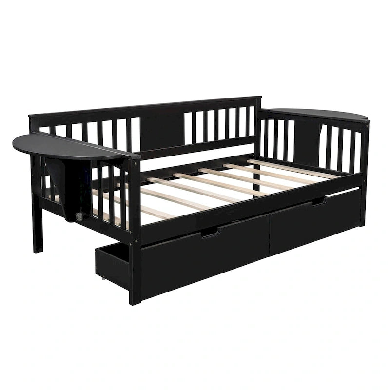Twin Daybed with 2 Drawers & Foldable Side Tables – Espresso, Pine & MDF, 3-Side Rail, Single