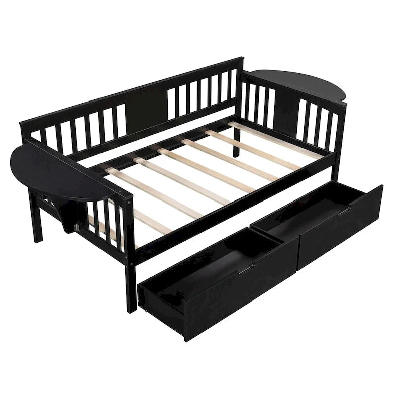 Twin Daybed with 2 Drawers & Foldable Side Tables – Espresso, Pine & MDF, 3-Side Rail, Single