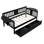 Twin Daybed with 2 Drawers & Foldable Side Tables – Espresso, Pine & MDF, 3-Side Rail, Single