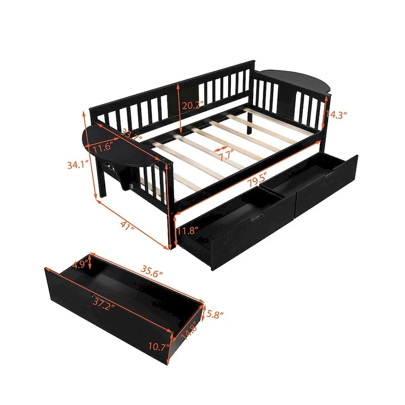 Twin Daybed with 2 Drawers & Foldable Side Tables – Espresso, Pine & MDF, 3-Side Rail, Single