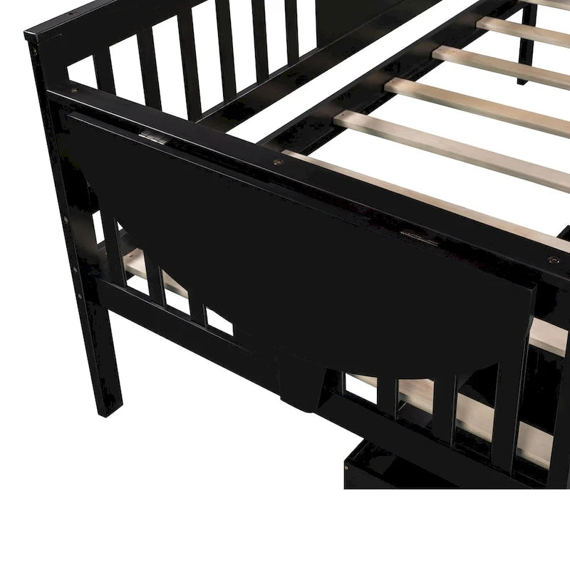 Twin Daybed with 2 Drawers & Foldable Side Tables – Espresso, Pine & MDF, 3-Side Rail, Single