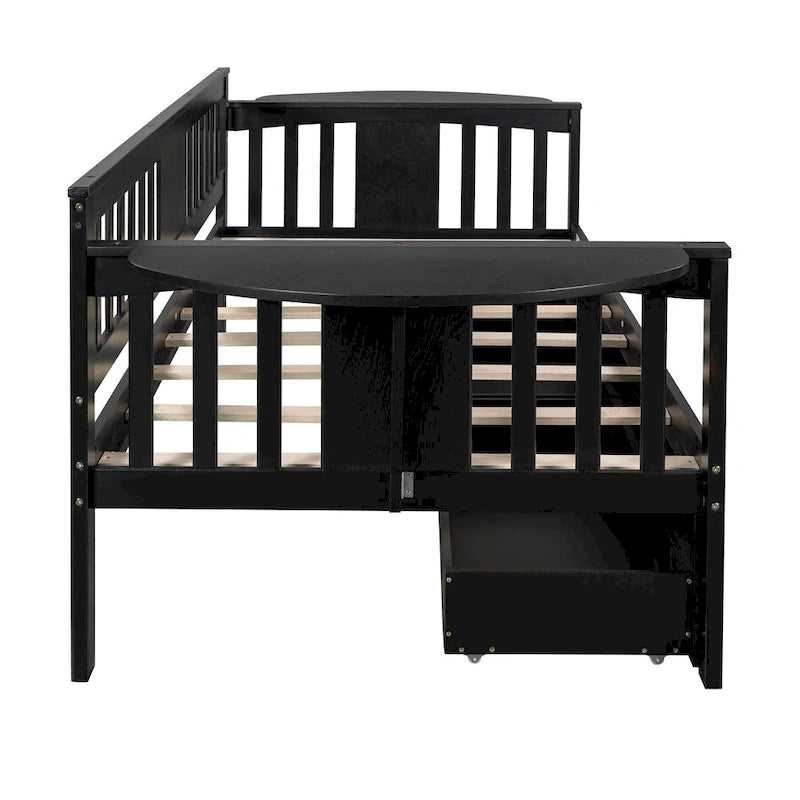Twin Daybed with 2 Drawers & Foldable Side Tables – Espresso, Pine & MDF, 3-Side Rail, Single