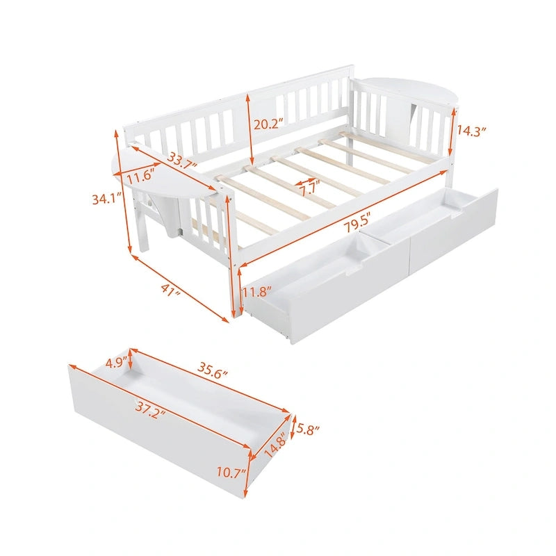 Twin Daybed with 2 Drawers & Foldable Side Tables – Espresso, Pine & MDF, 3-Side Rail, Single