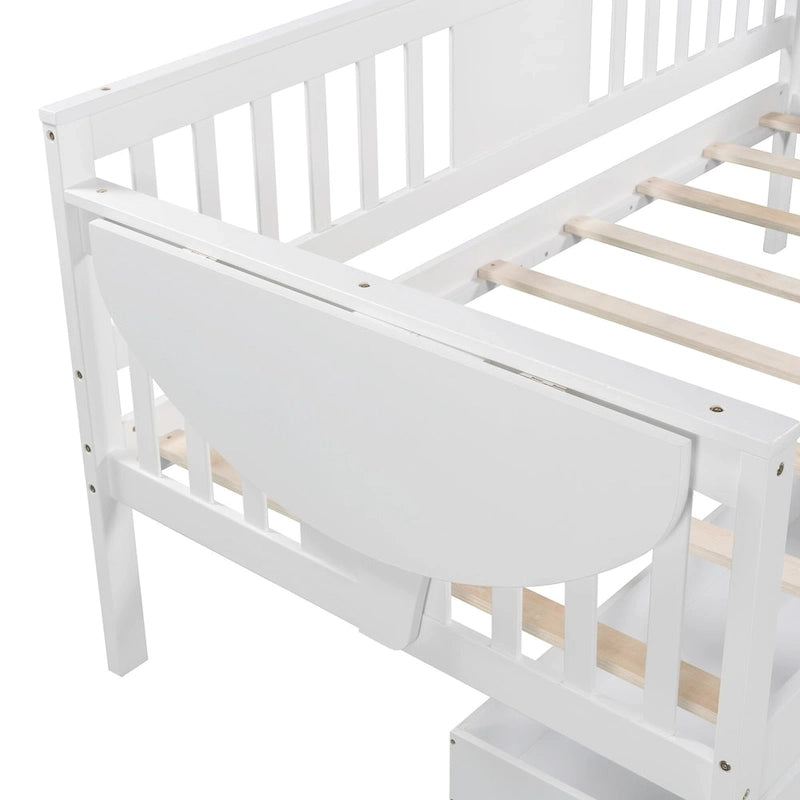 Twin Daybed with 2 Drawers & Foldable Side Tables – Espresso, Pine & MDF, 3-Side Rail, Single