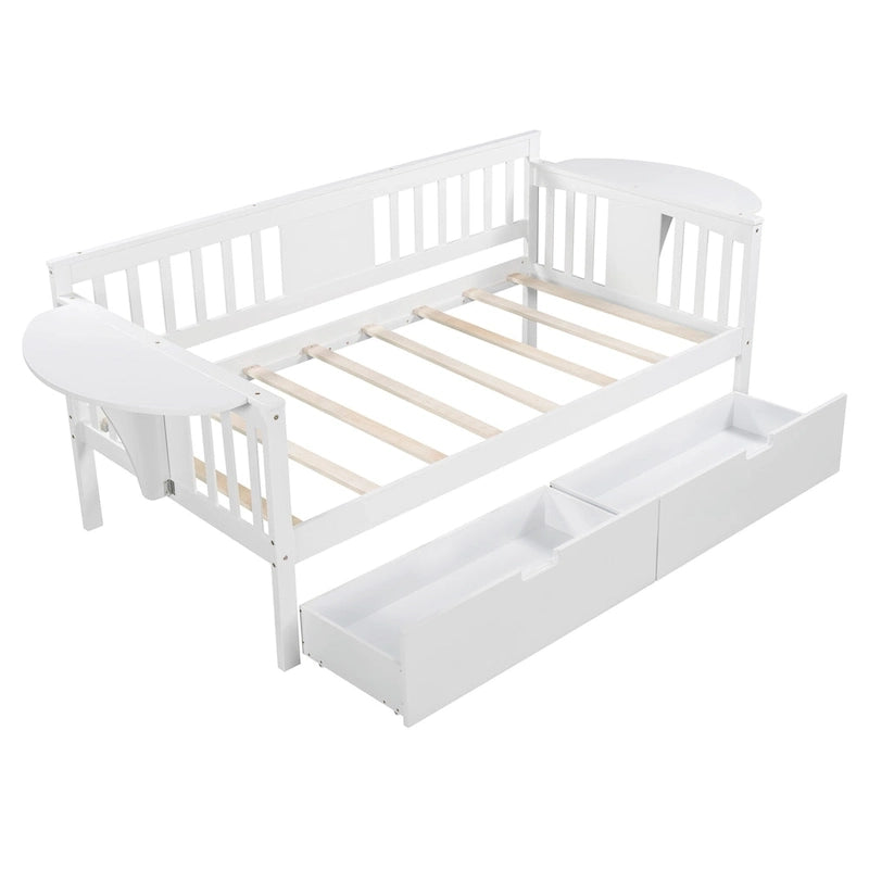 Twin Daybed with 2 Drawers & Foldable Side Tables – Espresso, Pine & MDF, 3-Side Rail, Single