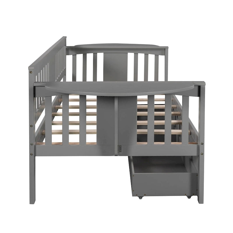 Twin Daybed with 2 Drawers & Foldable Side Tables – Espresso, Pine & MDF, 3-Side Rail, Single