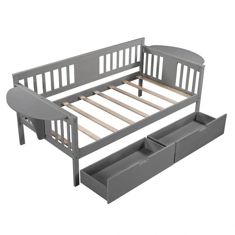 Twin Daybed with 2 Drawers & Foldable Side Tables – Espresso, Pine & MDF, 3-Side Rail, Single