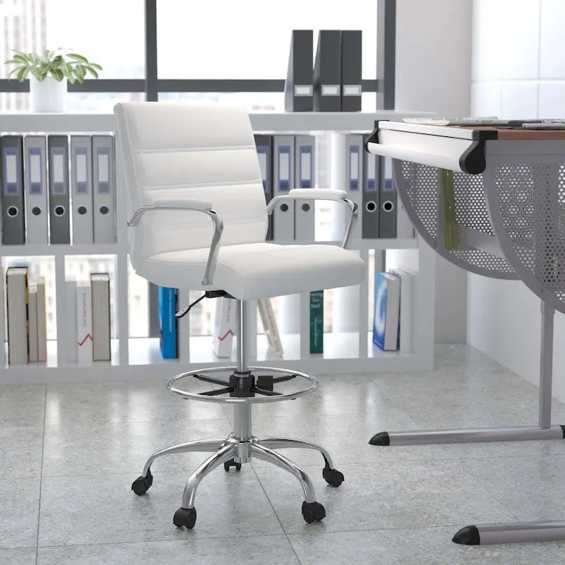 Mid-Back Drafting Chair with Adjustable Foot Ring – White / Black, LeatherSoft, Chrome Base, Single