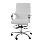 Mid-Back Drafting Chair with Adjustable Foot Ring – White / Black, LeatherSoft, Chrome Base, Single