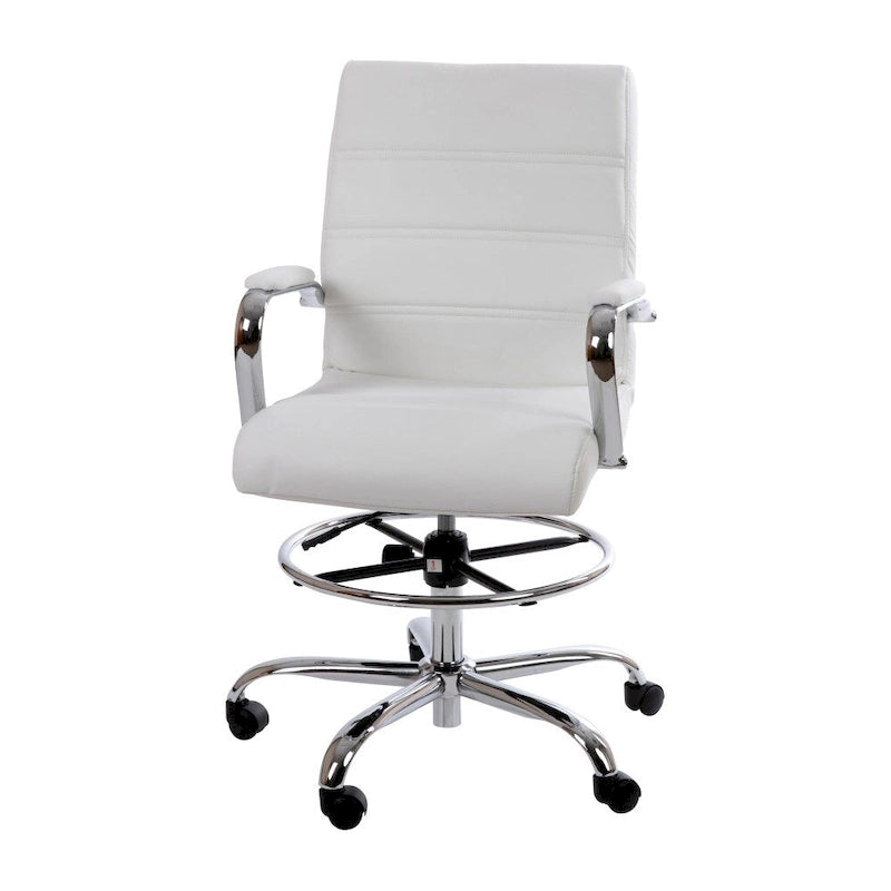 Mid-Back Drafting Chair with Adjustable Foot Ring – White / Black, LeatherSoft, Chrome Base, Single
