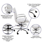 Mid-Back Drafting Chair with Adjustable Foot Ring – White / Black, LeatherSoft, Chrome Base, Single