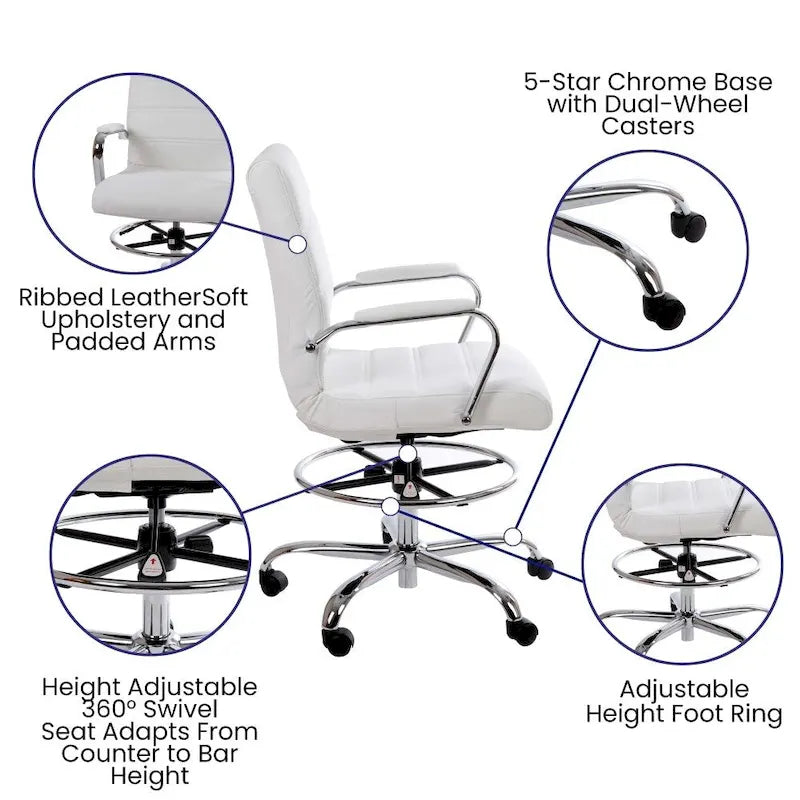 Mid-Back Drafting Chair with Adjustable Foot Ring – White / Black, LeatherSoft, Chrome Base, Single