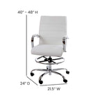 Mid-Back Drafting Chair with Adjustable Foot Ring – White / Black, LeatherSoft, Chrome Base, Single