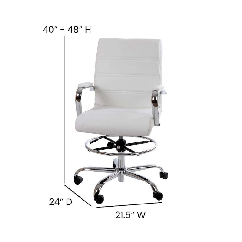 Mid-Back Drafting Chair with Adjustable Foot Ring – White / Black, LeatherSoft, Chrome Base, Single