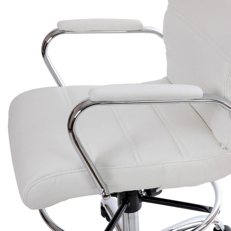 Mid-Back Drafting Chair with Adjustable Foot Ring – White / Black, LeatherSoft, Chrome Base, Single