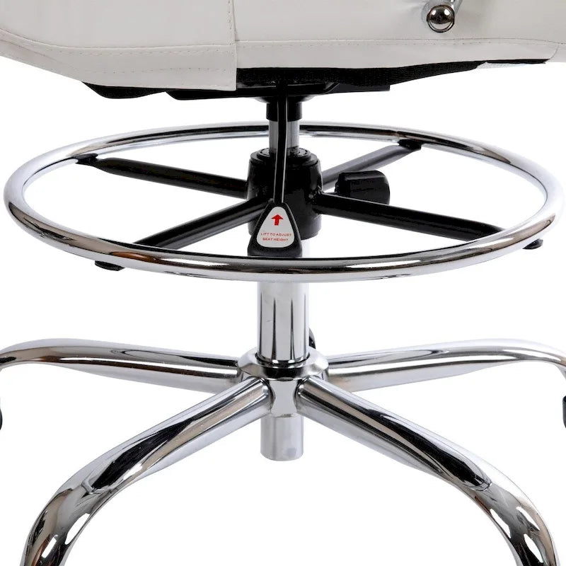 Mid-Back Drafting Chair with Adjustable Foot Ring – White / Black, LeatherSoft, Chrome Base, Single