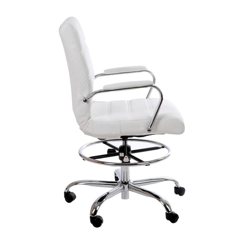 Mid-Back Drafting Chair with Adjustable Foot Ring – White / Black, LeatherSoft, Chrome Base, Single