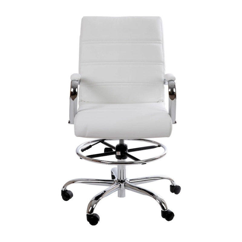 Mid-Back Drafting Chair with Adjustable Foot Ring – White / Black, LeatherSoft, Chrome Base, Single