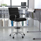 Mid-Back Drafting Chair with Adjustable Foot Ring – White / Black, LeatherSoft, Chrome Base, Single
