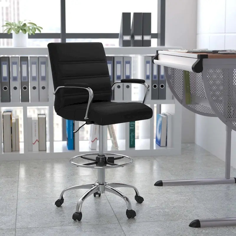 Mid-Back Drafting Chair with Adjustable Foot Ring – White / Black, LeatherSoft, Chrome Base, Single