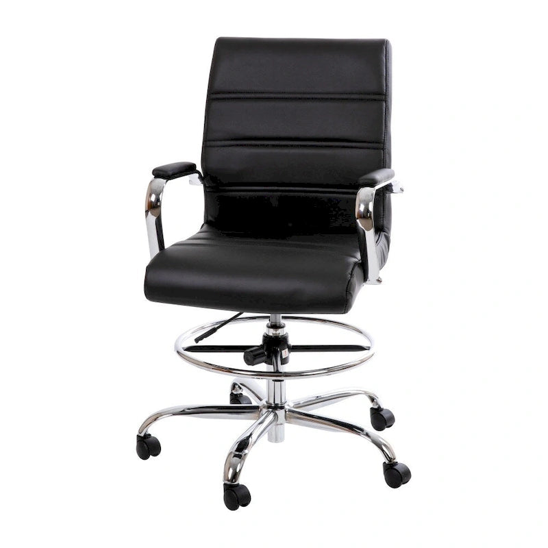 Mid-Back Drafting Chair with Adjustable Foot Ring – White / Black, LeatherSoft, Chrome Base, Single