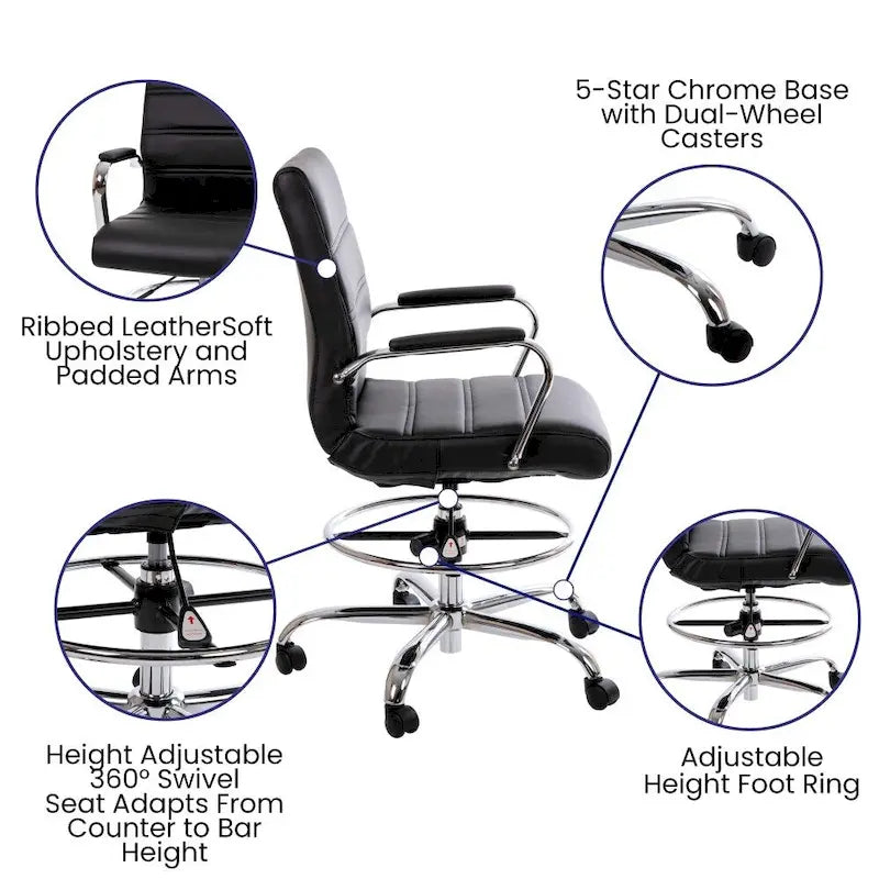 Mid-Back Drafting Chair with Adjustable Foot Ring – White / Black, LeatherSoft, Chrome Base, Single