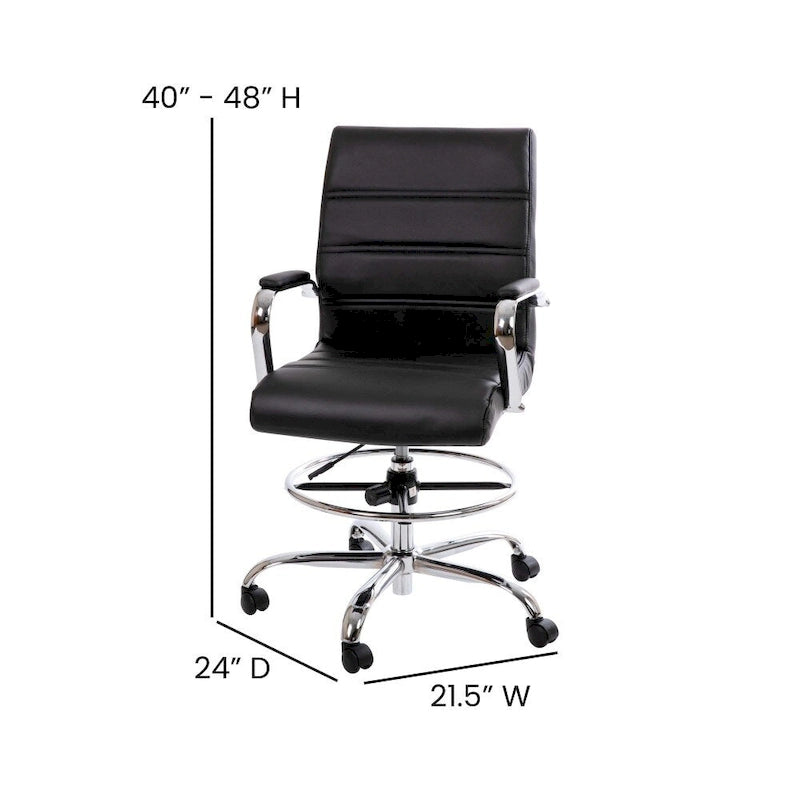 Mid-Back Drafting Chair with Adjustable Foot Ring – White / Black, LeatherSoft, Chrome Base, Single
