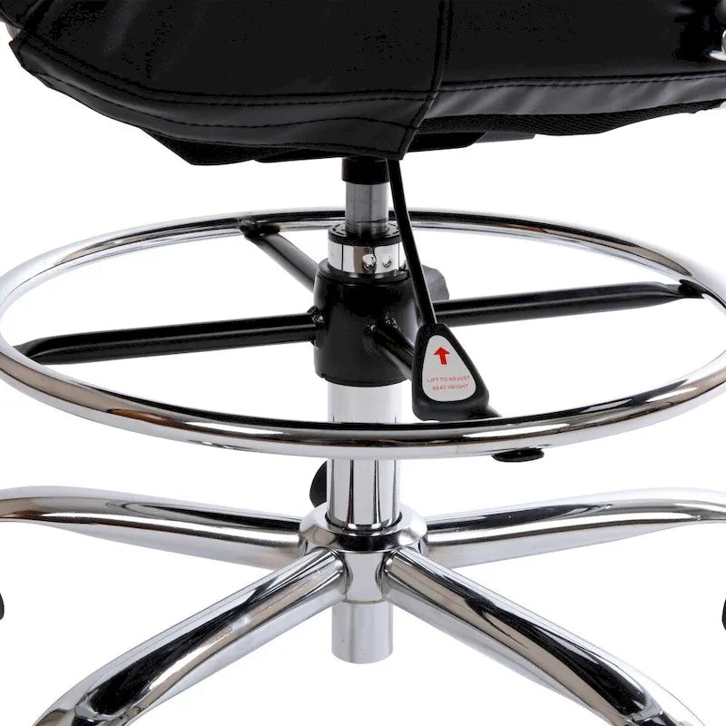 Mid-Back Drafting Chair with Adjustable Foot Ring – White / Black, LeatherSoft, Chrome Base, Single