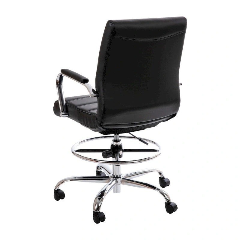 Mid-Back Drafting Chair with Adjustable Foot Ring – White / Black, LeatherSoft, Chrome Base, Single