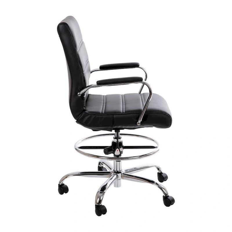 Mid-Back Drafting Chair with Adjustable Foot Ring – White / Black, LeatherSoft, Chrome Base, Single