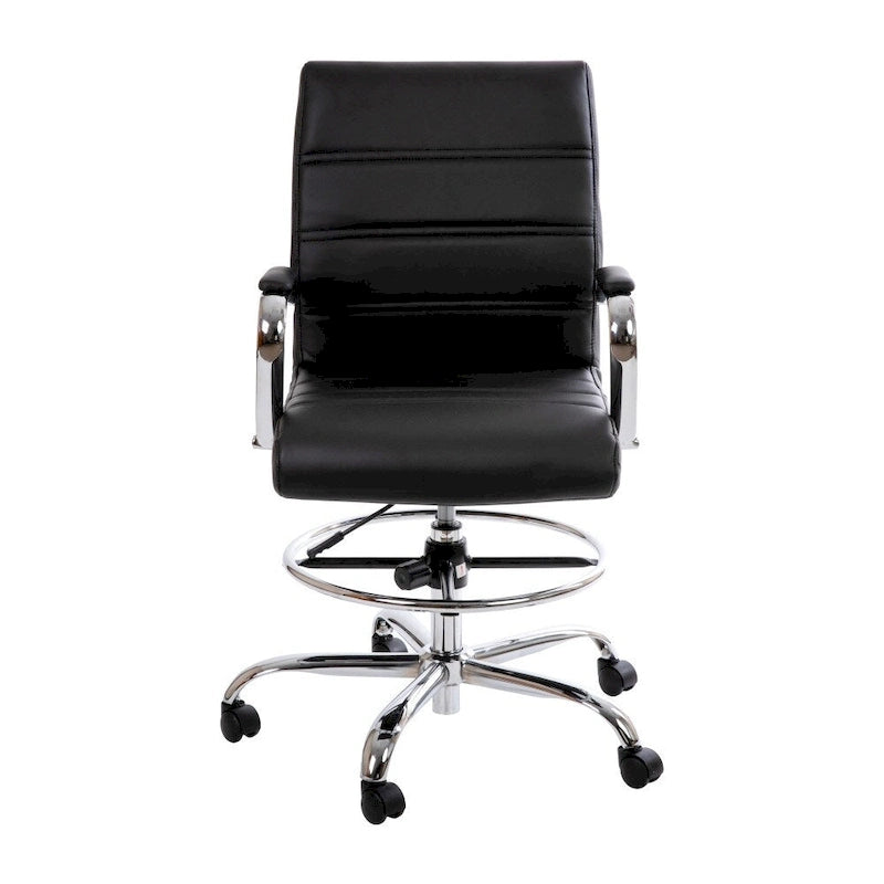Mid-Back Drafting Chair with Adjustable Foot Ring – White / Black, LeatherSoft, Chrome Base, Single
