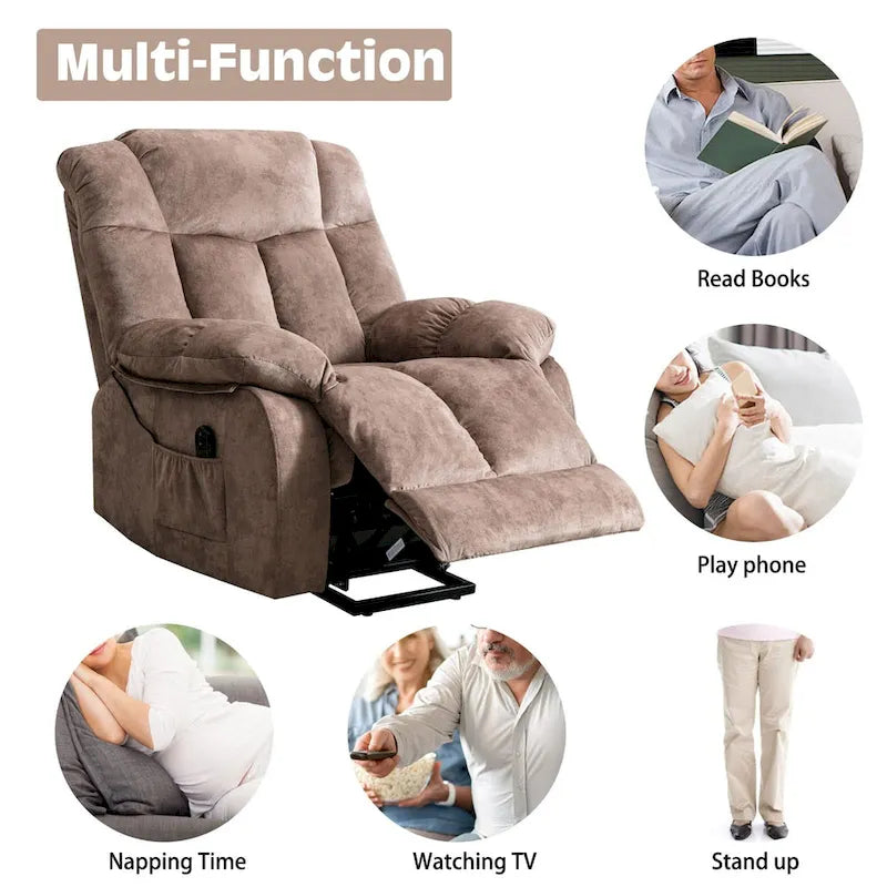 Electric Power Lift Recliner Chair – Coffee / Camel, Velvet, Tufted, 300 lb Capacity, Single