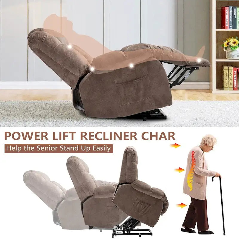 Electric Power Lift Recliner Chair – Coffee / Camel, Velvet, Tufted, 300 lb Capacity, Single
