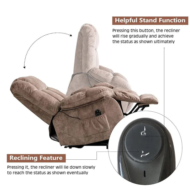 Electric Power Lift Recliner Chair – Coffee / Camel, Velvet, Tufted, 300 lb Capacity, Single