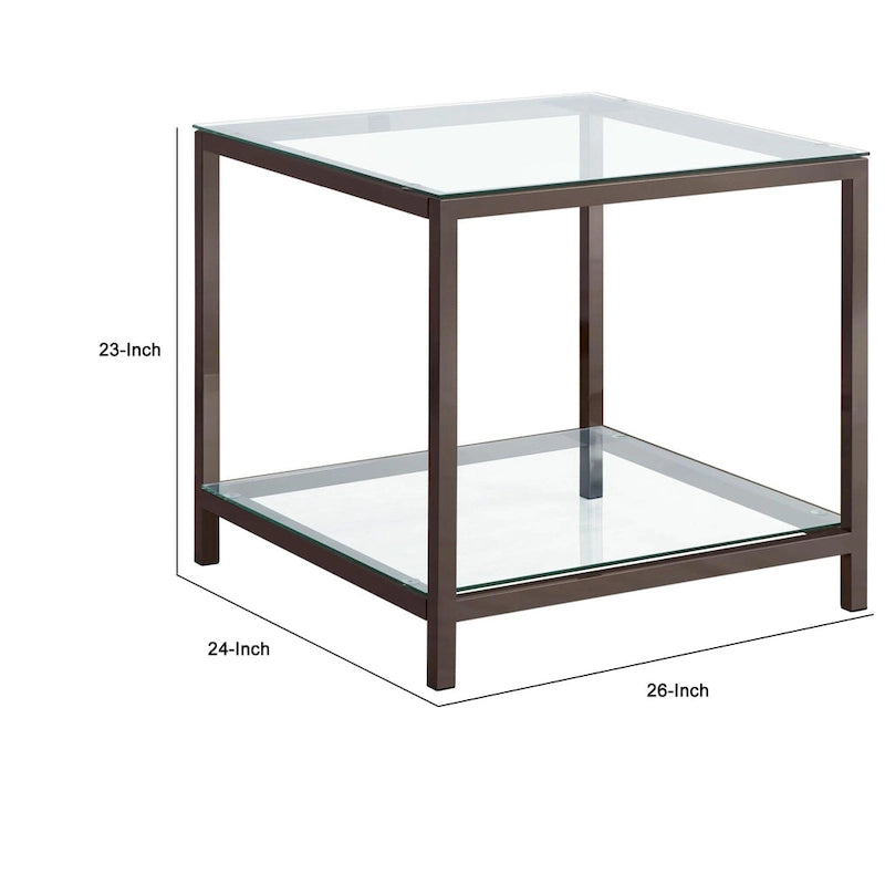 Glass Top End Table with Open Shelf – Nickel, Tubular Metal Frame, Modern Style, Single