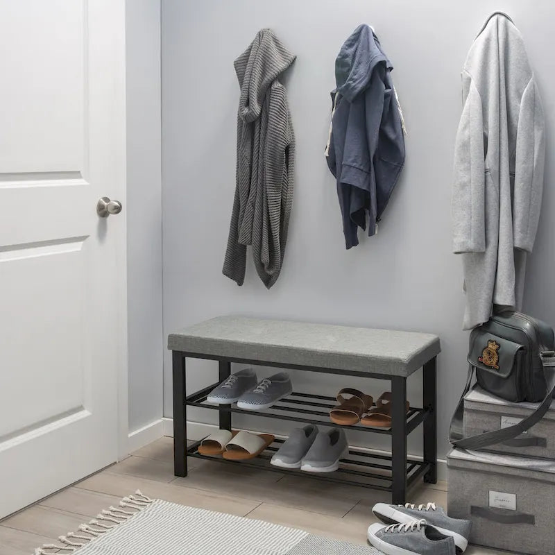 Entryway Bench with 2-Tier Shoe Rack – Grey, Upholstered Seat, Holds 6 Pairs, Single