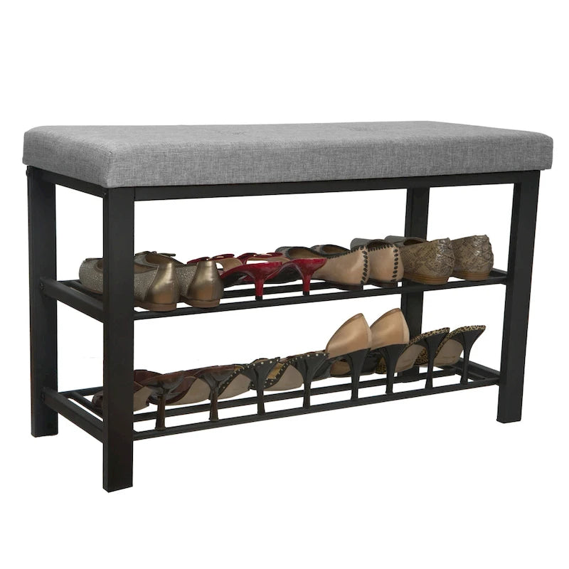 Entryway Bench with 2-Tier Shoe Rack – Grey, Upholstered Seat, Holds 6 Pairs, Single