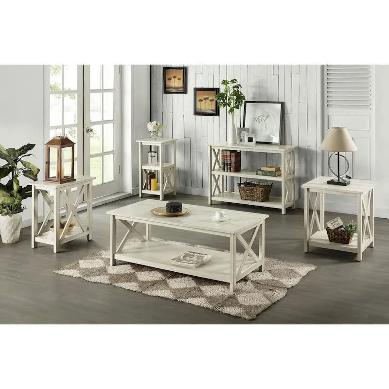 X-Base Side Table with Lower Shelf – Antique White, MDF & Solid Wood, Single-Person Assembly