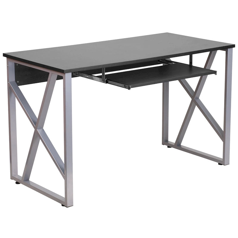 Computer Desk with Pull-Out Keyboard Tray & Cross-Brace Frame – Black, Laminate Top, Contemporary Style, Single
