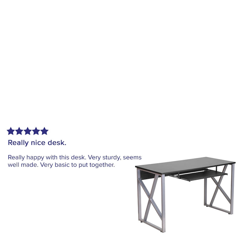 Computer Desk with Pull-Out Keyboard Tray & Cross-Brace Frame – Black, Laminate Top, Contemporary Style, Single