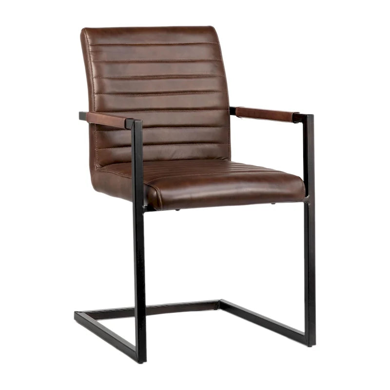 Full Grain Leather Dining Arm Chair – Black / Vintage Brown, Steel Frame, Channel Tufted, Single