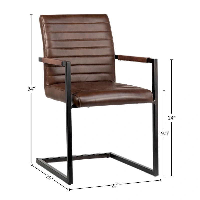 Full Grain Leather Dining Arm Chair – Black / Vintage Brown, Steel Frame, Channel Tufted, Single