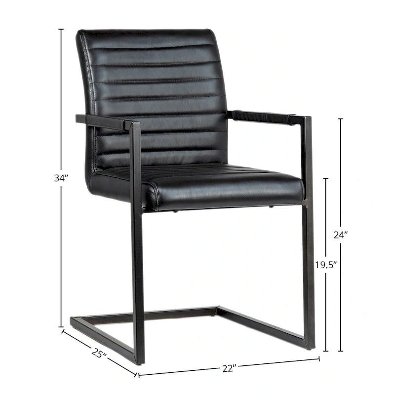 Full Grain Leather Dining Arm Chair – Black / Vintage Brown, Steel Frame, Channel Tufted, Single